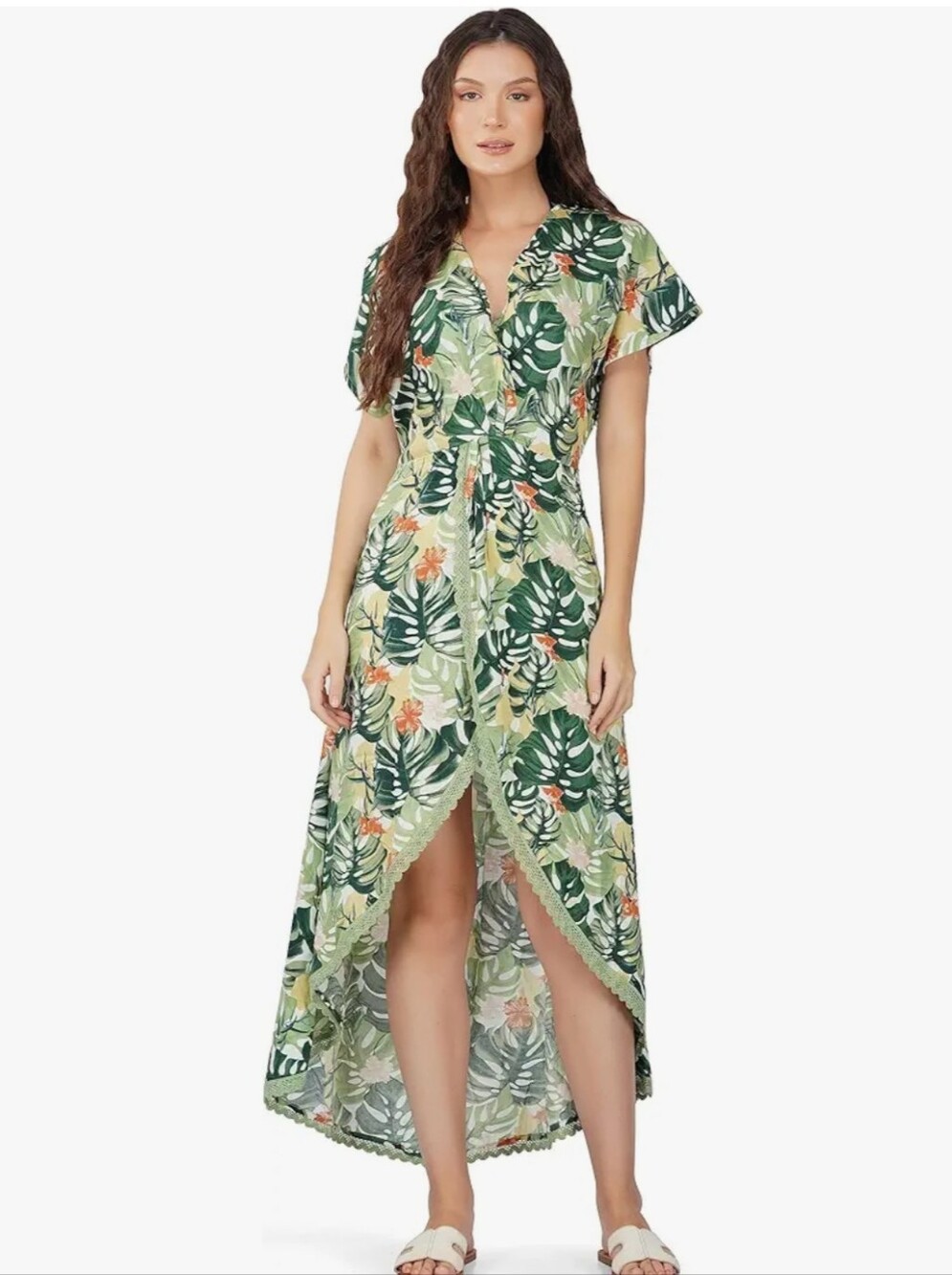 America & Beyond Tropical Palm Floral High Low Maxi Dress Coverup L